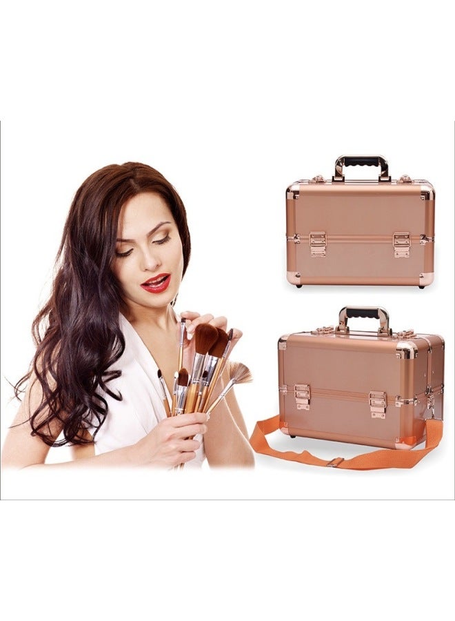 Supply Spot Cosmetic Case Professional Double Layer Large Manicure Case With Shoulder Strap Aluminum Case Beauty Cosmetic Case Waterproof-Color:Rose Gold