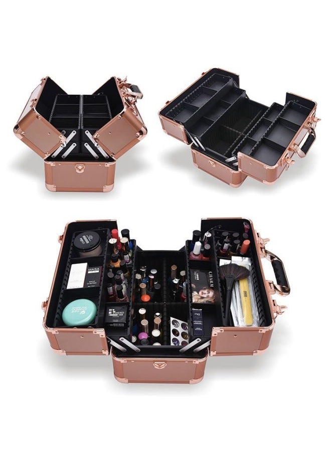 Supply Spot Cosmetic Case Professional Double Layer Large Manicure Case With Shoulder Strap Aluminum Case Beauty Cosmetic Case Waterproof-Color:Rose Gold