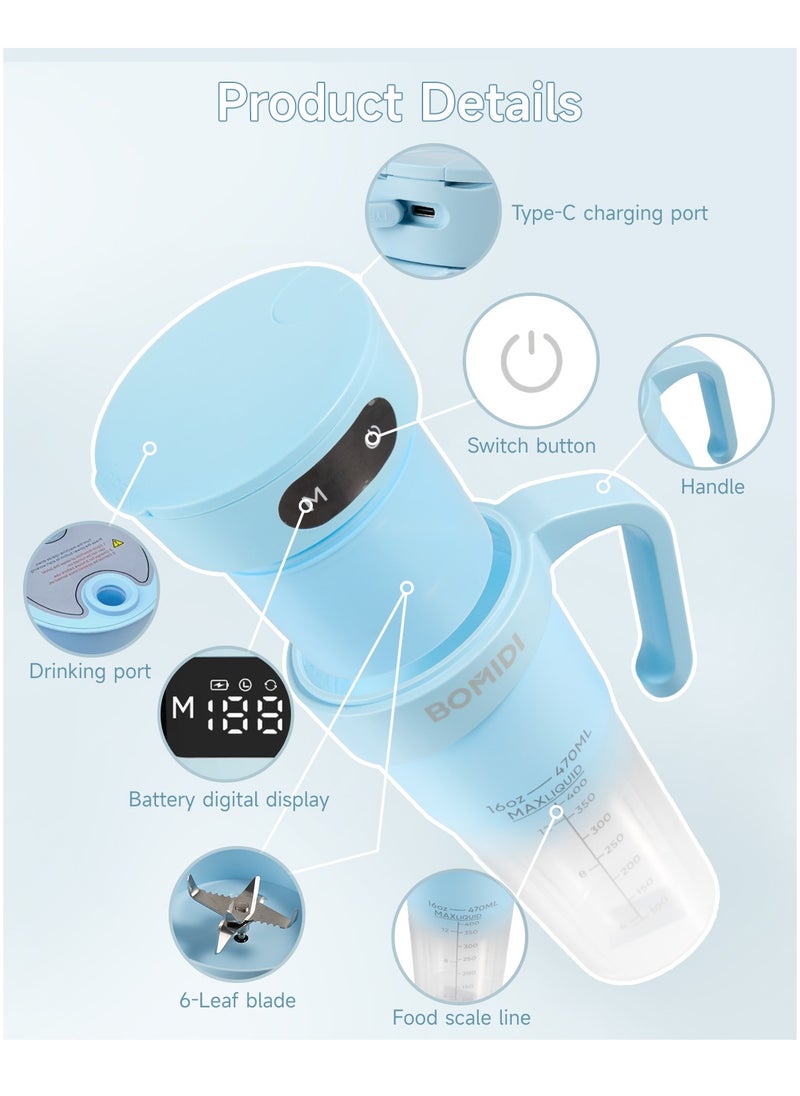 BOMIDI - Portable Blender | Smoothie Maker | Protein Blender with 6-Leaf Stainless Steel Blade | Yoga & Gym Essential | Cordless Type-C Charging | IPX7 Waterproof | BPA-Free Juicer Blender for Home & Outdoor (16oz/450mL) | JB01-Blue - Image 1