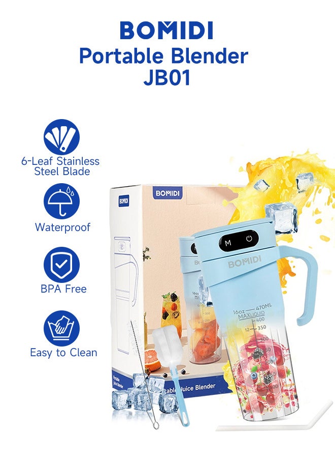BOMIDI - Portable Blender | Smoothie Maker | Protein Blender with 6-Leaf Stainless Steel Blade | Yoga & Gym Essential | Cordless Type-C Charging | IPX7 Waterproof | BPA-Free Juicer Blender for Home & Outdoor (16oz/450mL) | JB01-Blue - Image 1