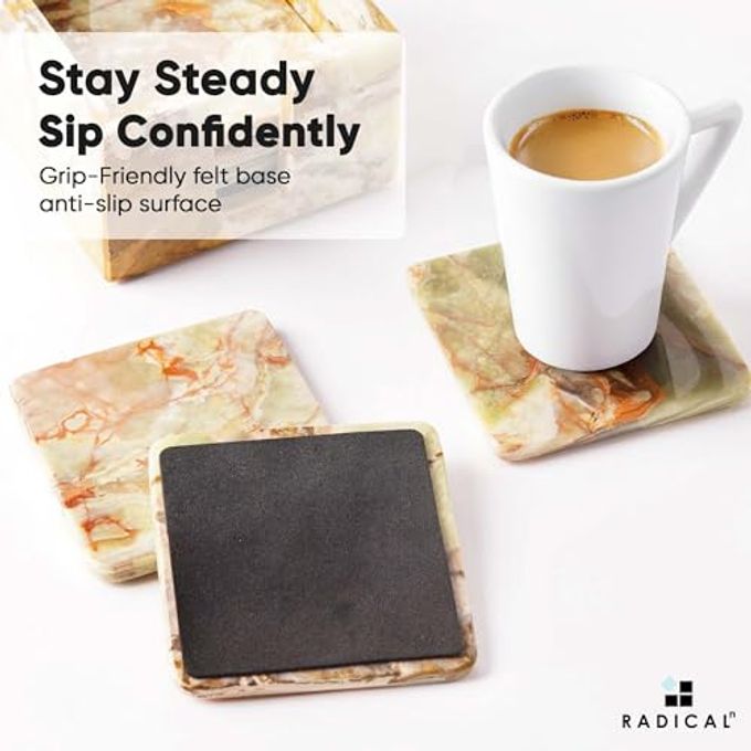 RADICALn Marble Coasters Set of 6 Green Onyx 3.5 Inch Square Coaster for Drinks with Holder, Drink Coaster for Tabletop & Coffee Table Decor, Ideal Home Decor House Warming Gifts - Image 2