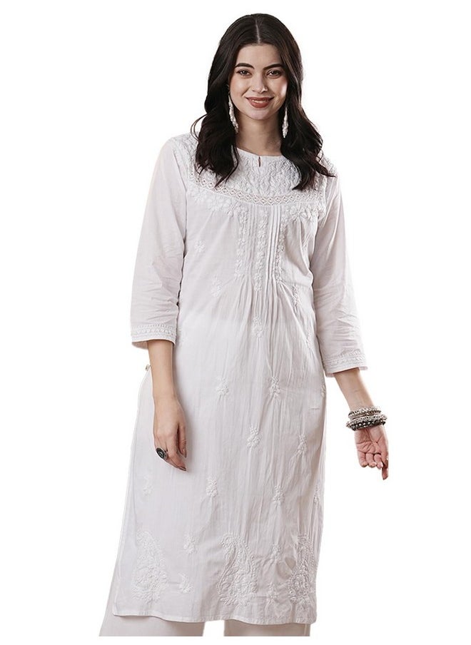 ADA - Ada Lucknow Chikankari Cotton Kurta for Women Hand Embroidered Tunic Kurti A332395 White (Large) - Image 1