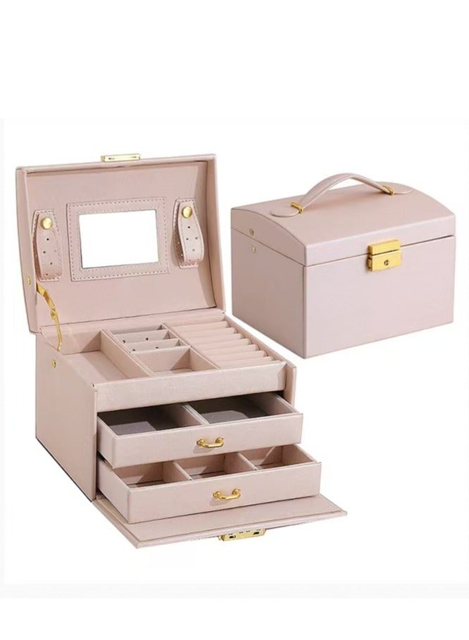 Jewellery Organiser MultiLayer PU Leather Portable Lockable Storage Box Case with Dividers Container for Rings, Earrings, Necklace Home Organizer - Light Pink  - Image 1