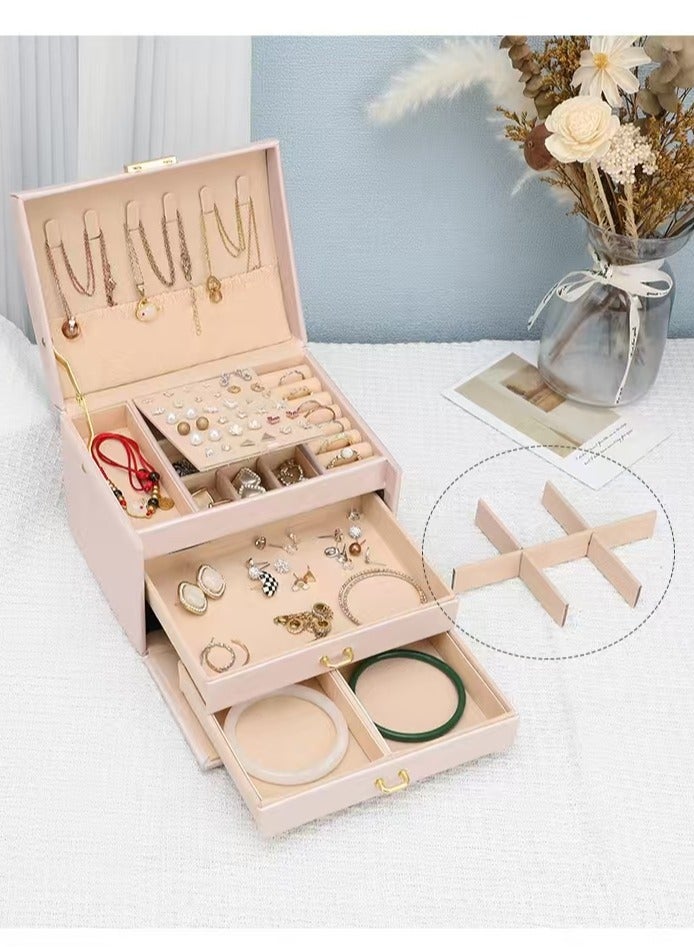 Jewellery Organiser MultiLayer PU Leather Portable Lockable Storage Box Case with Dividers Container for Rings, Earrings, Necklace Home Organizer - Light Pink  - Image 2