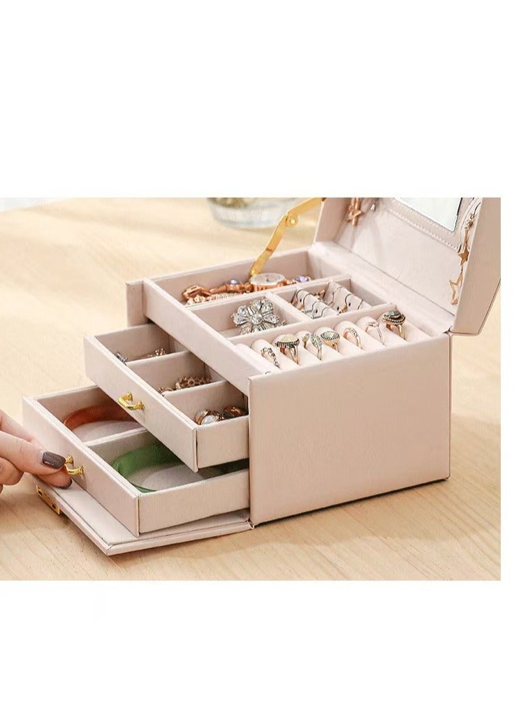 Jewellery Organiser MultiLayer PU Leather Portable Lockable Storage Box Case with Dividers Container for Rings, Earrings, Necklace Home Organizer - Light Pink  - Image 3