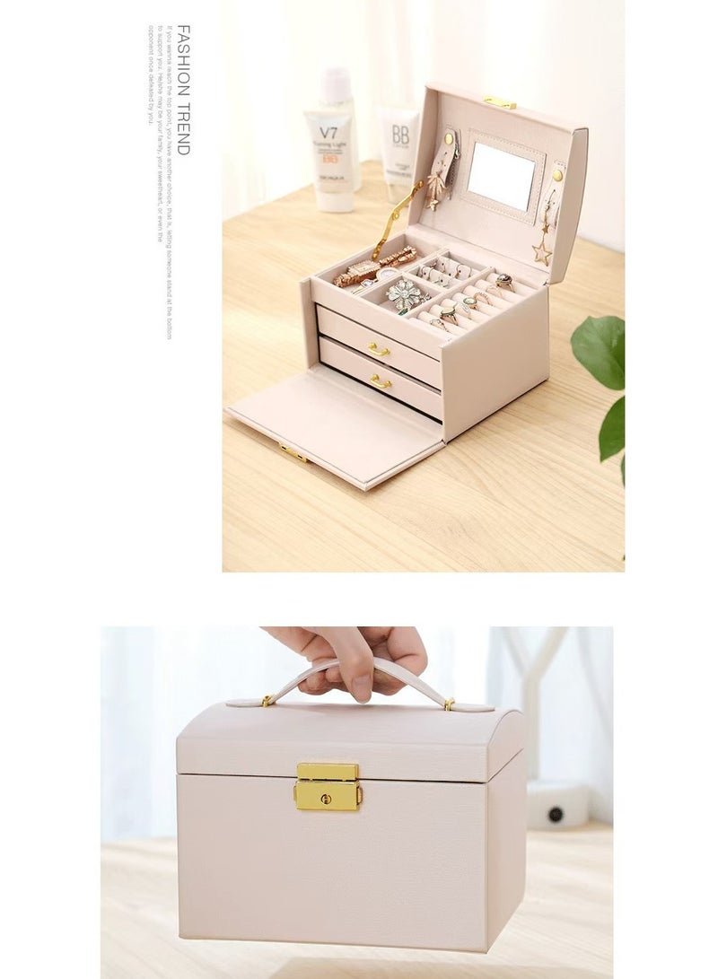 Jewellery Organiser MultiLayer PU Leather Portable Lockable Storage Box Case with Dividers Container for Rings, Earrings, Necklace Home Organizer - Light Pink  - Image 4