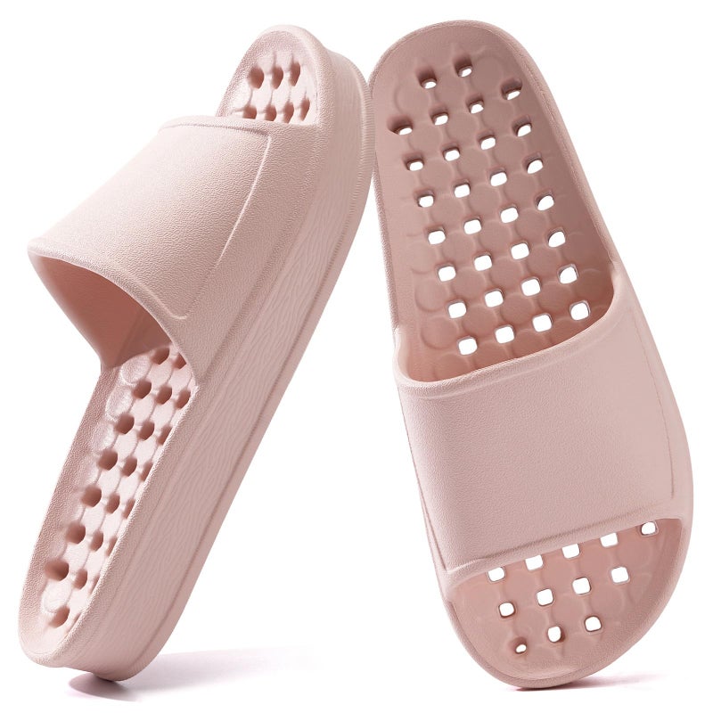 GETOEU Shower Shoes for Women and Men with Drain Holes Massage Slide Sandals Soft Cushioned Anti-Slip Pool Slides Comfort Thick Soled Gym Shower Shoes Quick Drying Bathroom Spa Slippers,Pink - Image 1