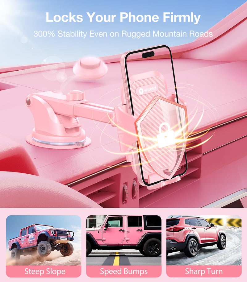 VICSEED Pink Phone Holder for Your Car [Sturdy & Durable] [Powerful Suction] Dashboard Windshield Air Vent Car Phone Holder Hands Free Phone Mount for Car for iPhone Android, Pink Car Accessories - Image 3