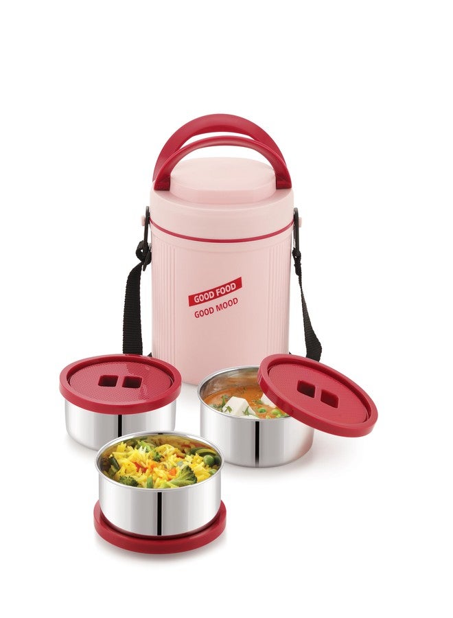 Nabhya Premium Insulated 3 Stainless Steel Container Lunch Box (270ml Each) with Durable Outer Plastic Case | Easy Carry Handle & Shoulder Belt | Compact Tiffin for Office, Picnic & Travel (Pink) - Image 1
