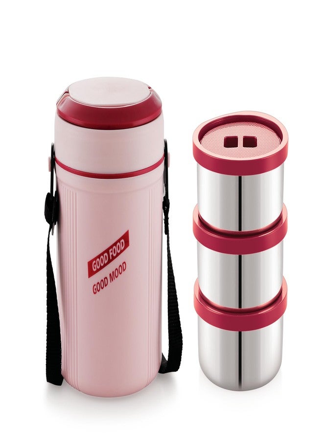 Nabhya Premium Insulated 3 Stainless Steel Container Lunch Box (270ml Each) with Durable Outer Plastic Case | Easy Carry Handle & Shoulder Belt | Compact Tiffin for Office, Picnic & Travel (Pink) - Image 2
