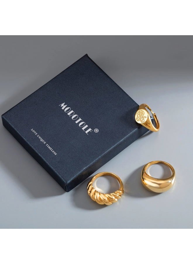MOROTOLE 3Pcs Chunky Gold Rings Set for Women Thick Dome Rings 18K Gold Plated Croissant Braided Twisted Stacking Round Signet Rings Jewelry Size 6-10, 10, Non-Precious Metal, No Gemstone - Image 2