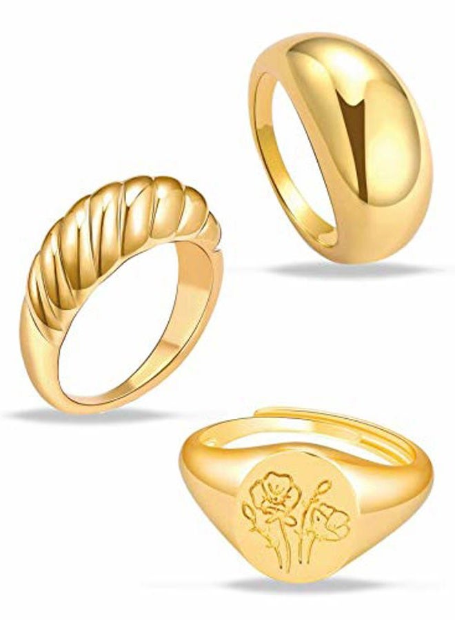 MOROTOLE 3Pcs Chunky Gold Rings Set for Women Thick Dome Rings 18K Gold Plated Croissant Braided Twisted Stacking Round Signet Rings Jewelry Size 6-10, 10, Non-Precious Metal, No Gemstone - Image 1