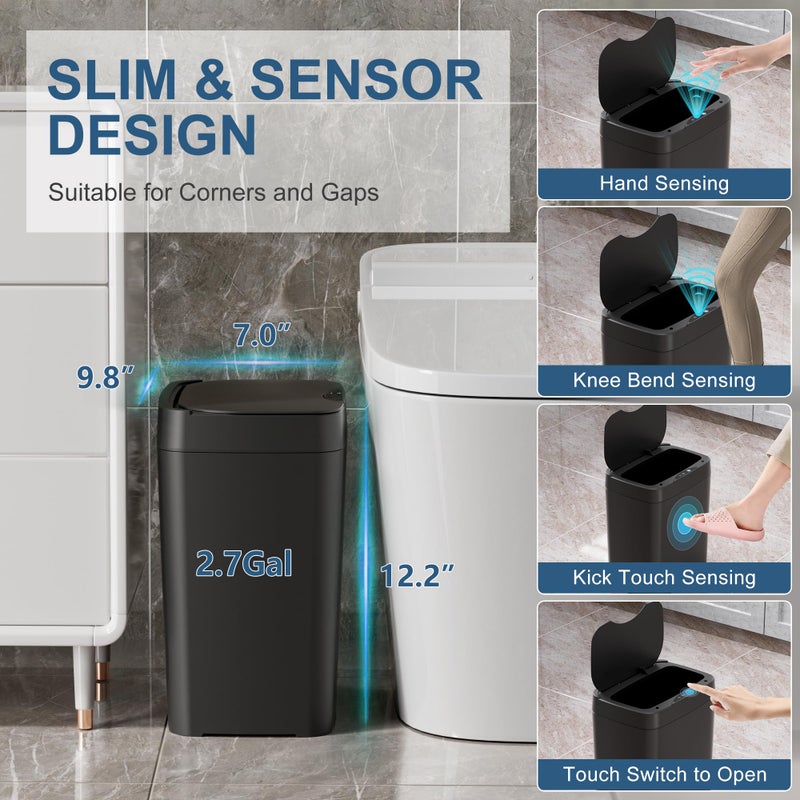 Vanpopubs 2 Pack 2.7 Gal Bathroom Trash Can with Lid, Automatic Trash Can Small Smart Garbage Can Touchless, Slim Motion Sensor Waterproof Plastic Trash Bins for Bedroom Office Kitchen Toilet Black - Image 2