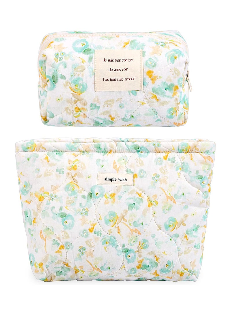 Excefore 2 Pcs Floral Makeup Bag Large Travel Cotton Quilted Cosmetic Makeup Bag Organizer, Lovely Coquette Aesthetic Zipper Portable Pouch Purse Storage Toiletry Bag for Women Girls accessories - Image 1