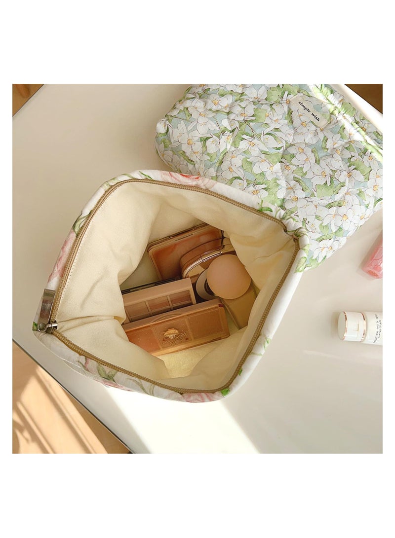 Excefore 2 Pcs Floral Makeup Bag Large Travel Cotton Quilted Cosmetic Makeup Bag Organizer, Lovely Coquette Aesthetic Zipper Portable Pouch Purse Storage Toiletry Bag for Women Girls accessories - Image 3