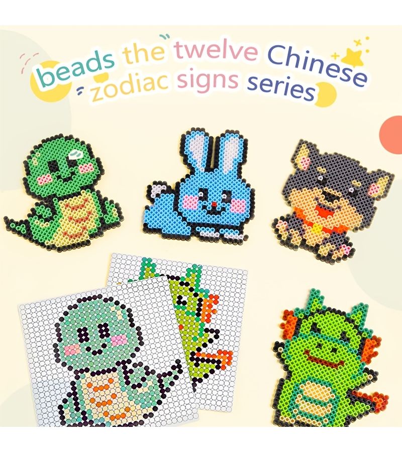 Dragon Zodiac Bead Art Craft Kit With Base Tracing Cards Ironing Paper And Tweezers For Kids Home School Christmas Valentine Easter Activity - Image 1
