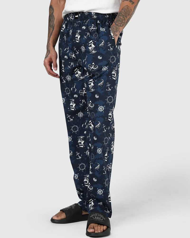 bewakoof Men's Moonlit Ocean Blue All Over Printed Pyjamas