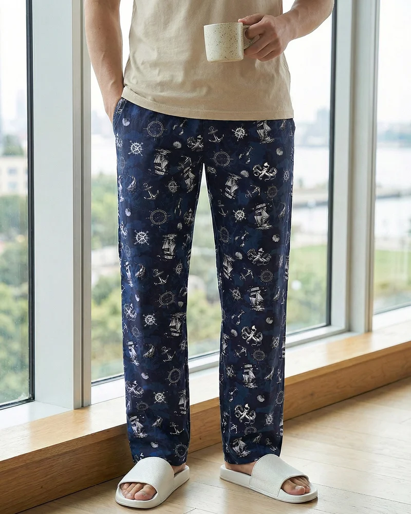 bewakoof Men's Moonlit Ocean Blue All Over Printed Pyjamas