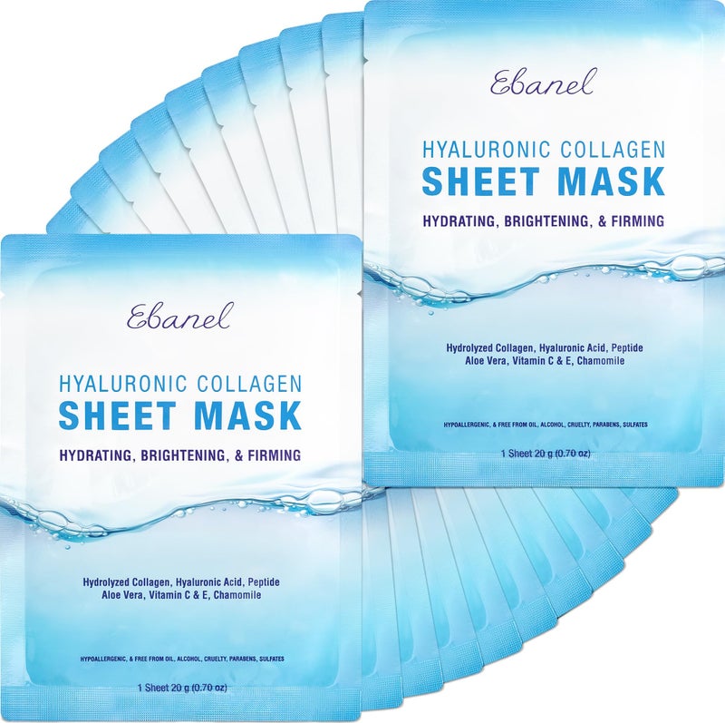 Ebanel 20 Pack Collagen Face Mask with Hyaluronic Acid, Vitamin C, Peptide, Aloe, Instant Brightening Hydrating Face Masks Skincare Korean Sheet Mask, Skin Firming, Lifting Anti Aging Facial Masks - Image 1