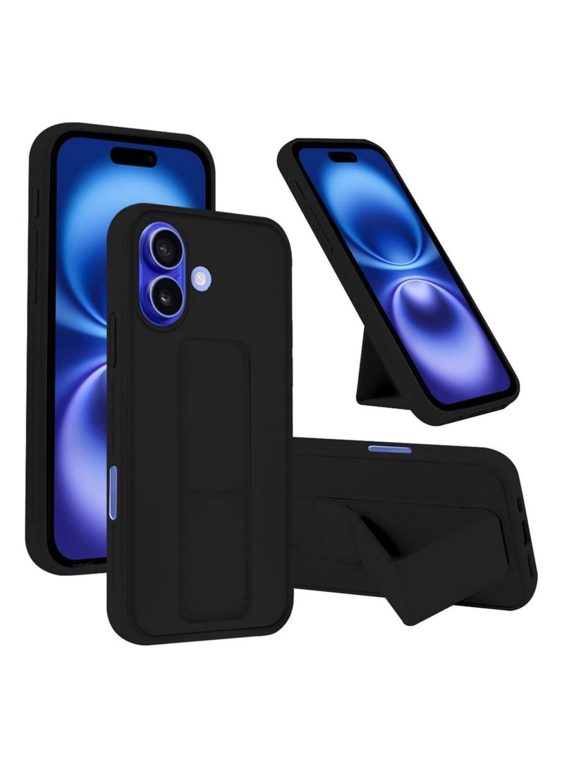 جراب خلفي لهاتف iPhone 16 Plus مع حامل مغناطيسي للسيارة من السيليكون الناعم مع حامل أفقي ورأسي وحزام معصم وحافظة حماية كاملة لهاتف iPhone 16 Plus باللون الأسود - Image 1