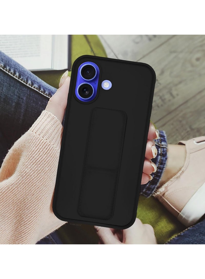 جراب خلفي لهاتف iPhone 16 Plus مع حامل مغناطيسي للسيارة من السيليكون الناعم مع حامل أفقي ورأسي وحزام معصم وحافظة حماية كاملة لهاتف iPhone 16 Plus باللون الأسود - Image 4