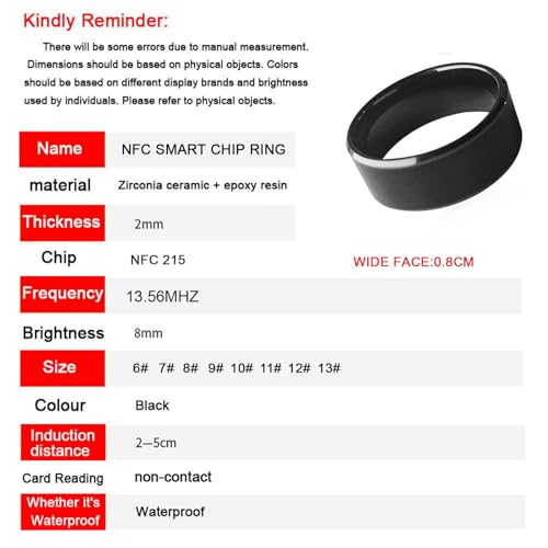 hecere Waterproof Ceramic NFC Ring, NFC Forum Type 2 215 496 bytes Chip Universal for Mobile Phone, All-round Sensing Technology Wearable Wide Surface Fasion Ring (11#) - Image 5