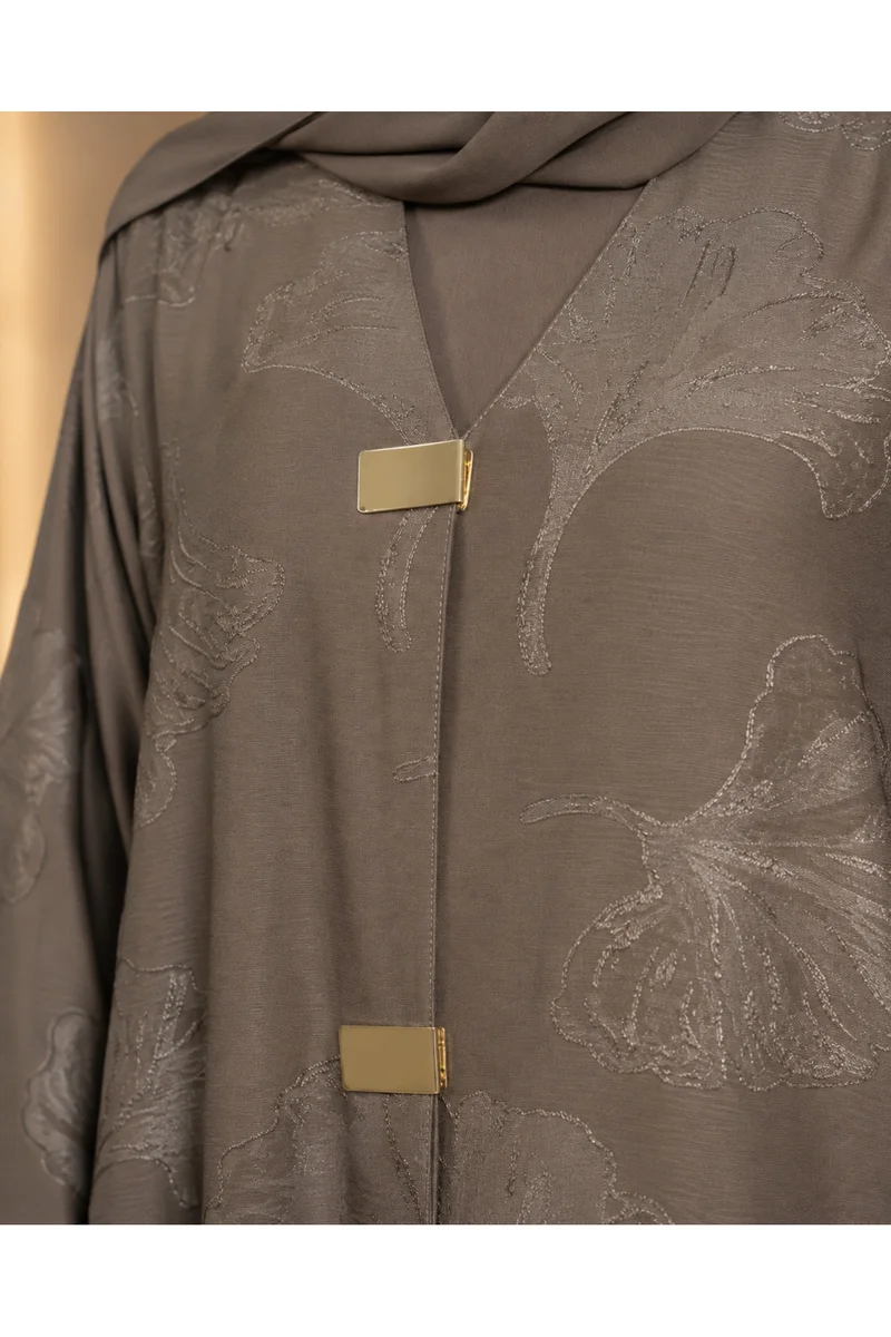Kavalee Women's Luxury Ginkgo Leaf Jacquard Abaya with Gold Clasp Detail - Matching Hijab Available