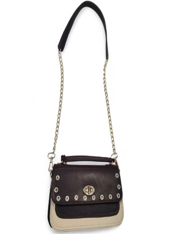 eeoan Genuine Leather Ladies Bag with Chain Strap, Two-Tone Burgundy and Beige Crossbody Handbag with Studded Detail - Image 1
