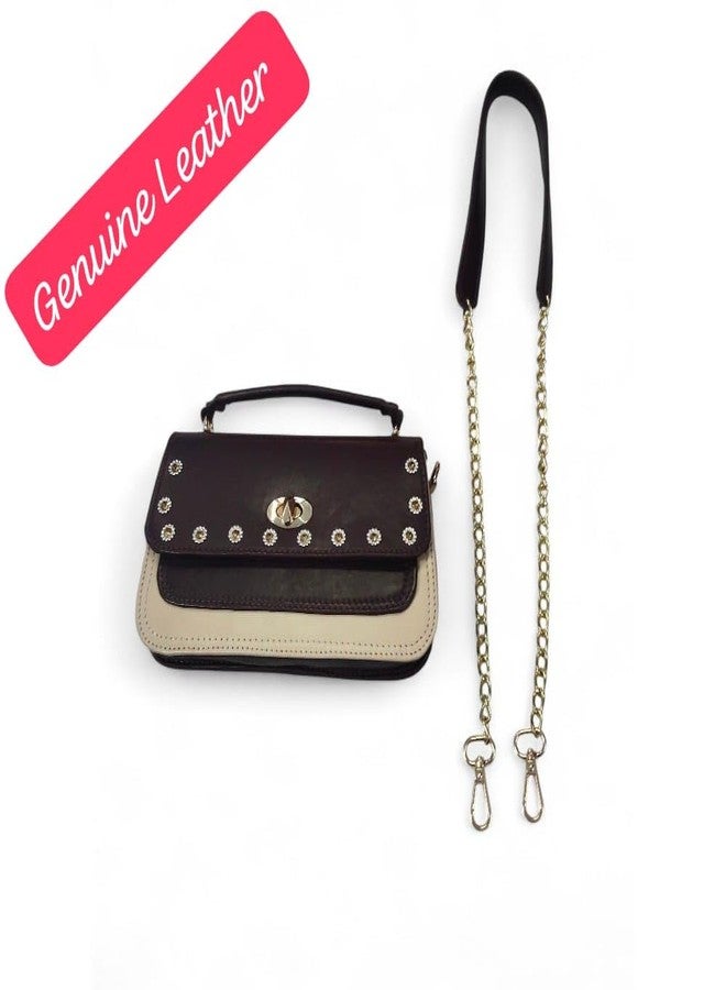 eeoan Genuine Leather Ladies Bag with Chain Strap, Two-Tone Burgundy and Beige Crossbody Handbag with Studded Detail - Image 4