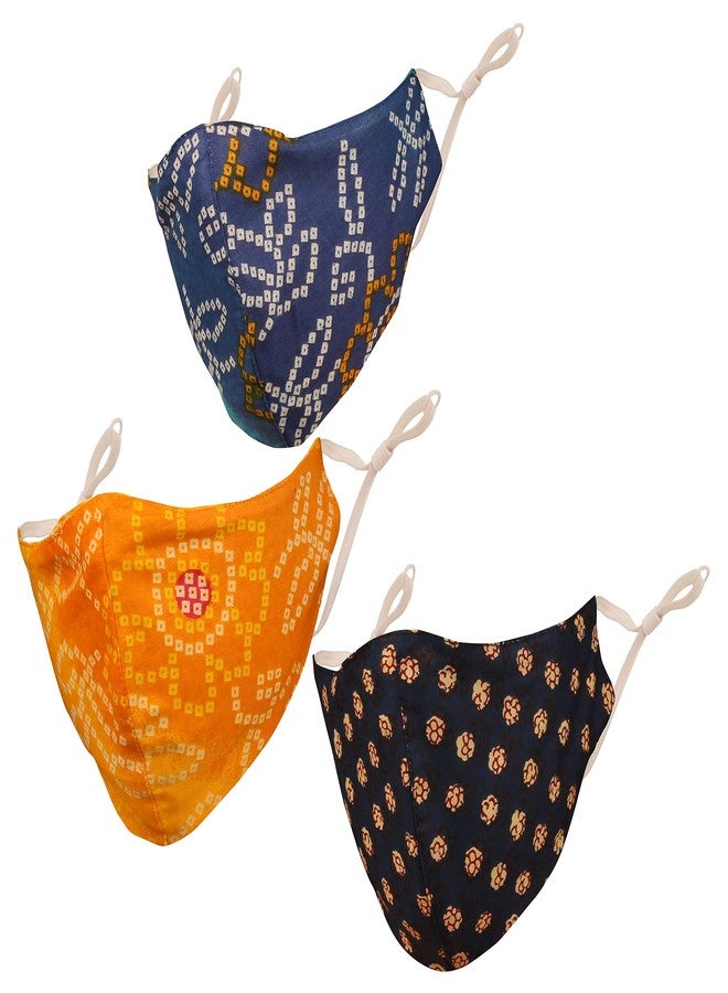 Touchstone Indian Heritage print Adjustable filter pocket 3 layer anti-pollution smog smoke cold & cough protective cotton face mask reusable washable for men, women (Pack of 3). Navy Blue Yellow - Image 1