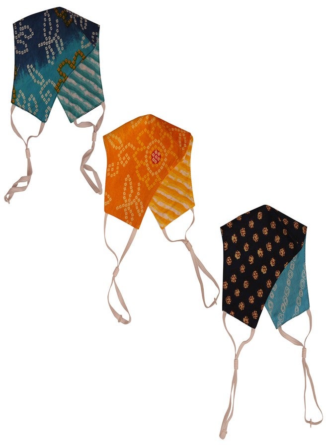 Touchstone Indian Heritage print Adjustable filter pocket 3 layer anti-pollution smog smoke cold & cough protective cotton face mask reusable washable for men, women (Pack of 3). Navy Blue Yellow - Image 2