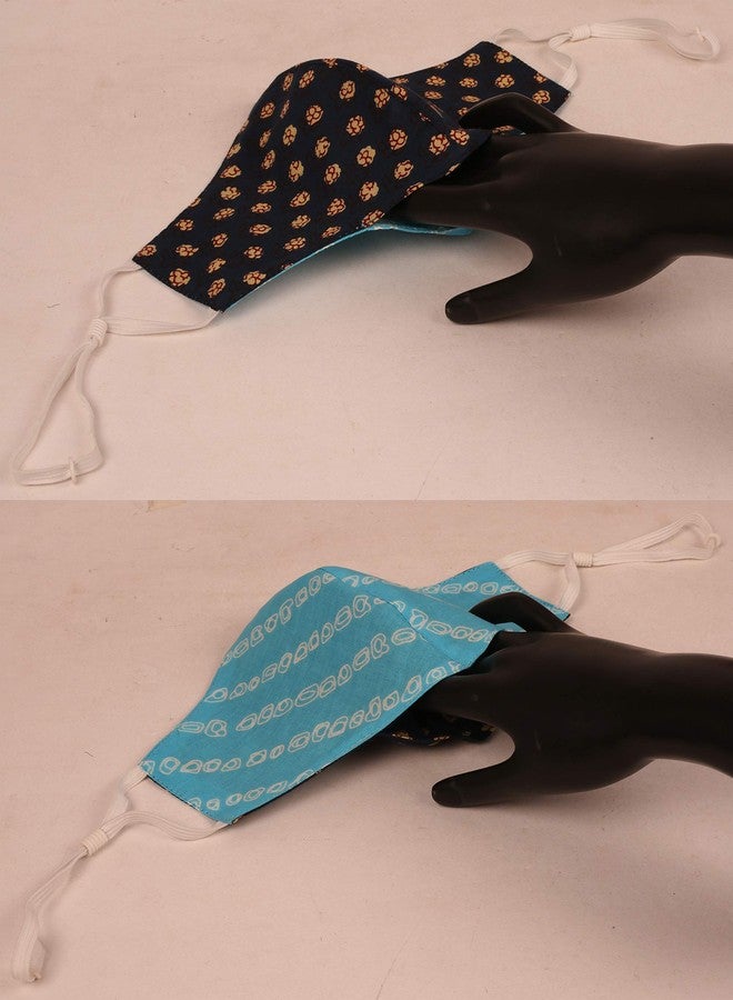 Touchstone Indian Heritage print Adjustable filter pocket 3 layer anti-pollution smog smoke cold & cough protective cotton face mask reusable washable for men, women (Pack of 3). Navy Blue Yellow - Image 4