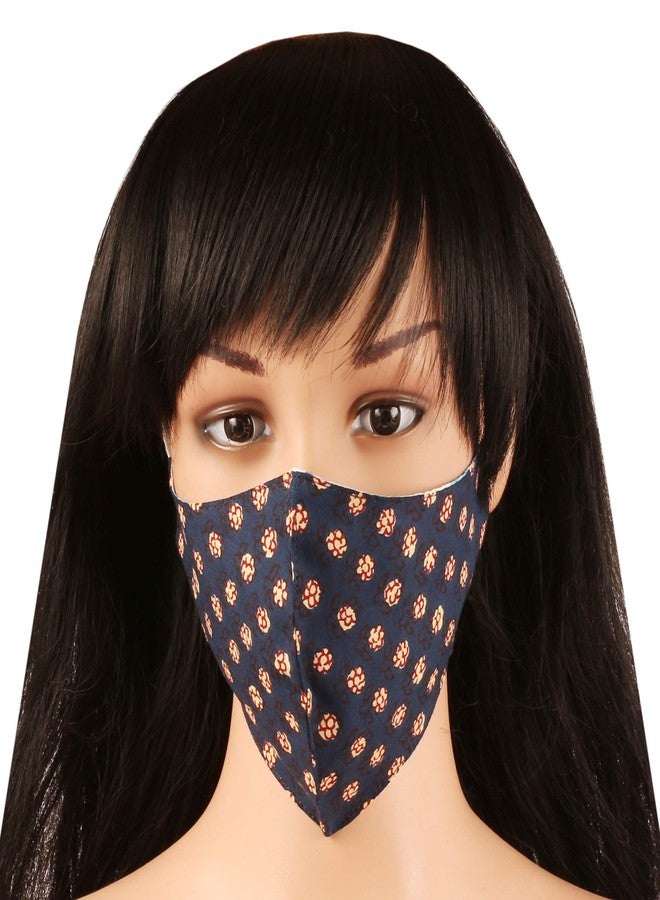 Touchstone Indian Heritage print Adjustable filter pocket 3 layer anti-pollution smog smoke cold & cough protective cotton face mask reusable washable for men, women (Pack of 3). Navy Blue Yellow - Image 3