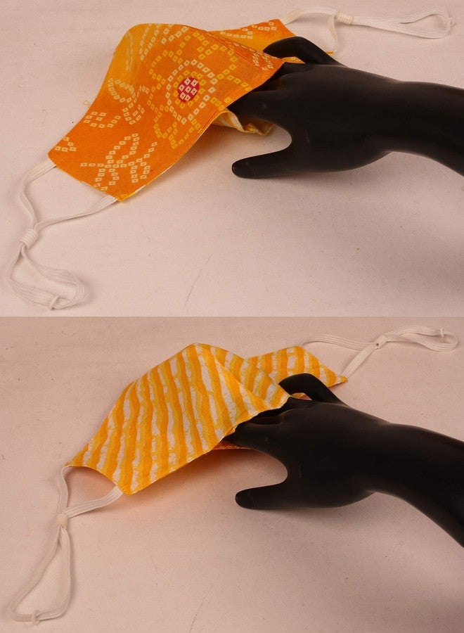 Touchstone Indian Heritage print Adjustable filter pocket 3 layer anti-pollution smog smoke cold & cough protective cotton face mask reusable washable for men, women (Pack of 3). Navy Blue Yellow - Image 5