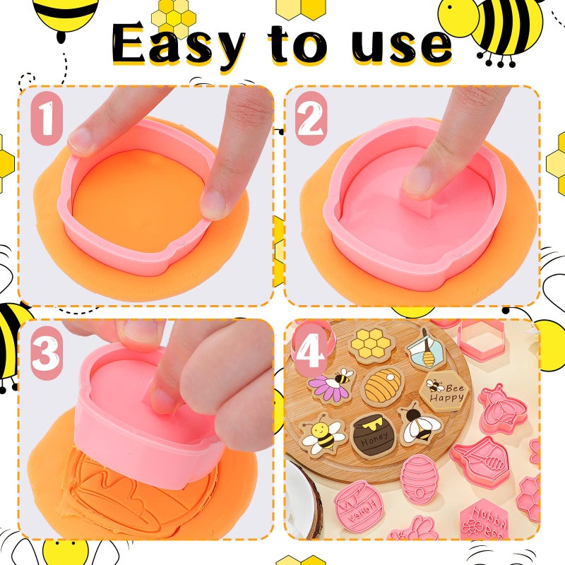 Zubebe 8 Pcs Insect Cookie Cutters with Plunger Stamps Set 3D Butterfly Bee Shape Biscuit Cutter Funny Cartoon Cookie Stamps Embossed Cookie Cutters for Treats DIY Baking Cookie Supplies (Bee Theme) - Image 3
