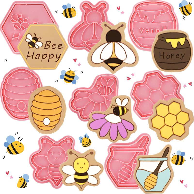 Zubebe 8 Pcs Insect Cookie Cutters with Plunger Stamps Set 3D Butterfly Bee Shape Biscuit Cutter Funny Cartoon Cookie Stamps Embossed Cookie Cutters for Treats DIY Baking Cookie Supplies (Bee Theme) - Image 1