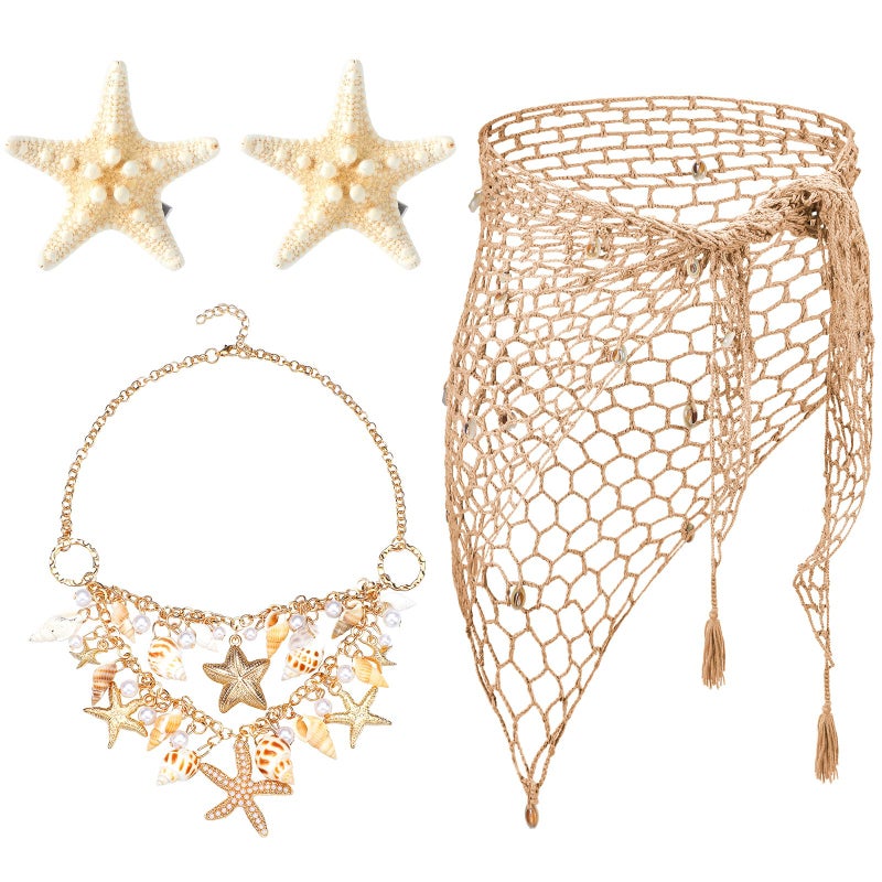 Cotwinter 4 Pcs Mermaid Costume for Women Mermaid Crochet Skirt Swimwear Cover up Beach Necklace Starfish Hair Clip(Gold) - Image 1