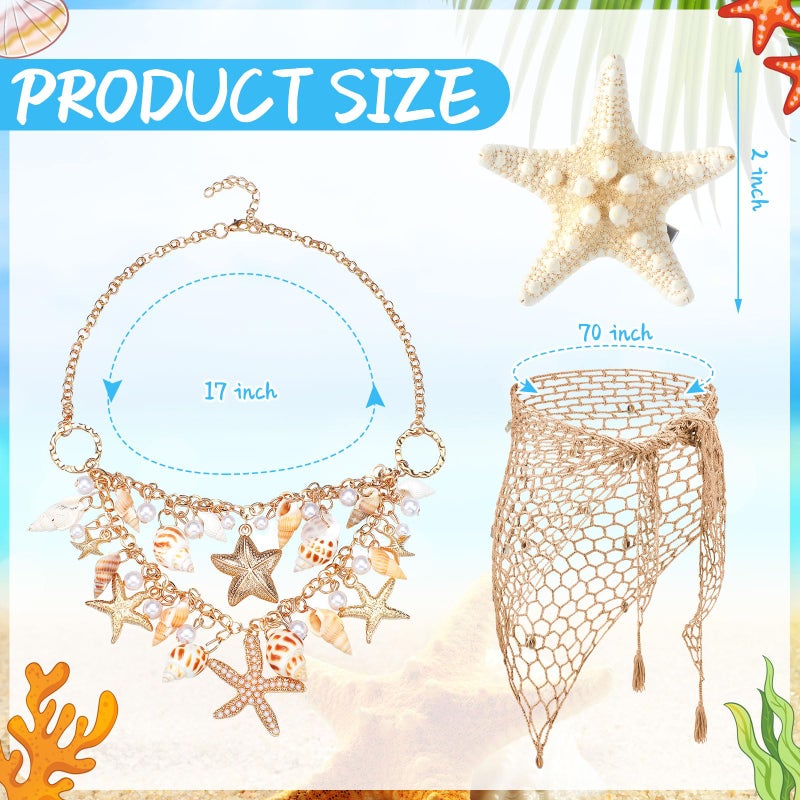 Cotwinter 4 Pcs Mermaid Costume for Women Mermaid Crochet Skirt Swimwear Cover up Beach Necklace Starfish Hair Clip(Gold) - Image 2