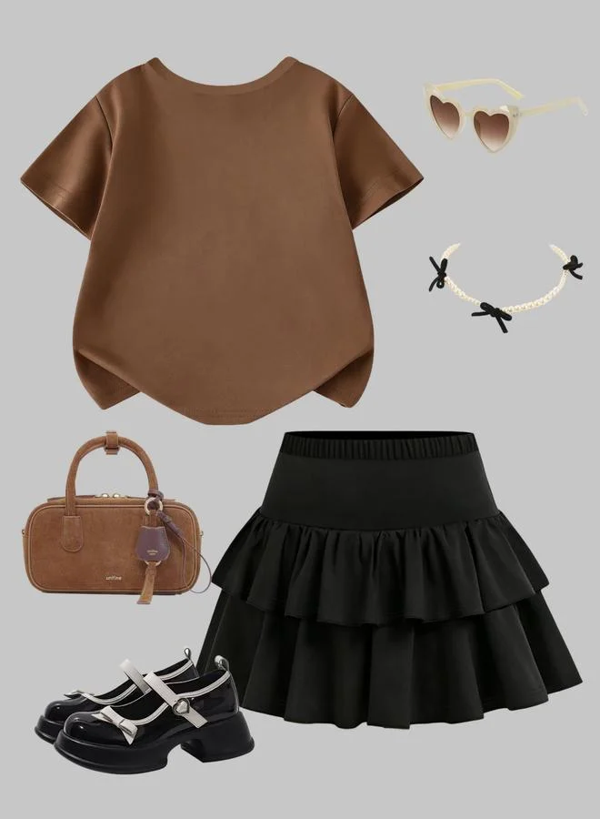 Take Two Girls Bow Detail Round Neck Top and Ruffle Skirt Set