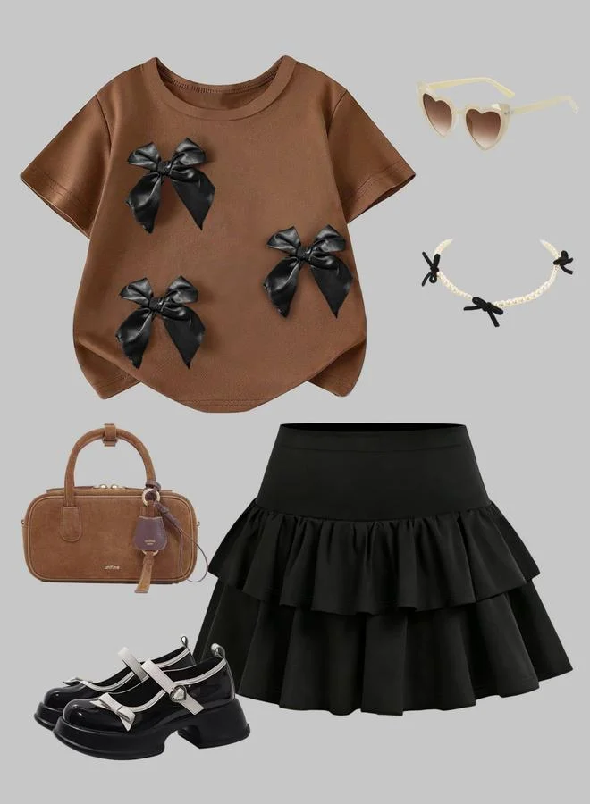 Take Two Girls Bow Detail Round Neck Top and Ruffle Skirt Set