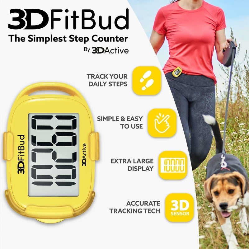 3DActive 3DFitBud Simple Step Counter Walking 3D Pedometer by with Clip, Lanyard Accurate Step Tracker Large Display, Easy to Use for Kids Men Women Adult Seniors Daily Step Tracking - A420S - Image 2