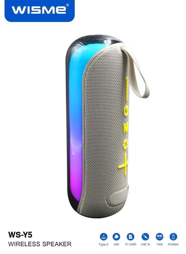 WISME WS-Y5 Wireless Portable Bluetooth Speaker with RGB Colorful Lighting, Multiple Input Options, and Button Control – High-Quality Sound, Compact Design – Grey - Image 1