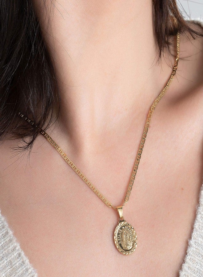 Barzel 18K Gold Plated Flat Mariner/Marina 060 3MM Chain Necklace With Virgin Mary Guadalupe Charm Pendant, 20 inches, Brass, No Gemstone - Image 2