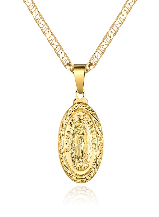 Barzel 18K Gold Plated Flat Mariner/Marina 060 3MM Chain Necklace With Virgin Mary Guadalupe Charm Pendant, 20 inches, Brass, No Gemstone - Image 1