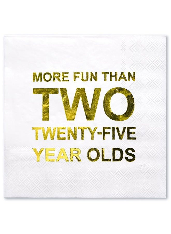 WRAPAHOLIC 50Pcs Gold 50th Birthday Napkins - 3-Ply Disposable Paper Cocktail Napkin for Birthday Tableware Party Supplies, White Gold Foil More Fun than Two Twenty-Five Year Olds - 5 x 5 In - Image 1