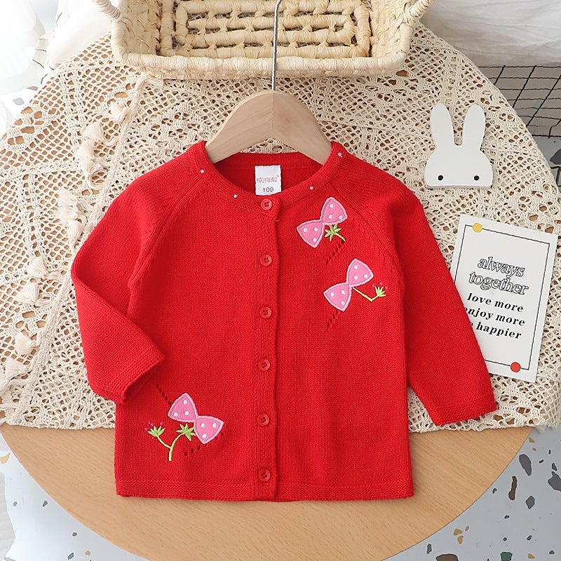 Children'S Pure Cotton Knitted Sweater Jacket Embroidered Bow Female Treasure Cute Top Jacket Thin Shawl Girls' Cardigan - Image 4