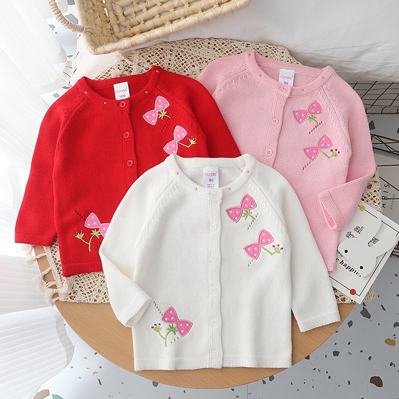 Children'S Pure Cotton Knitted Sweater Jacket Embroidered Bow Female Treasure Cute Top Jacket Thin Shawl Girls' Cardigan - Image 2