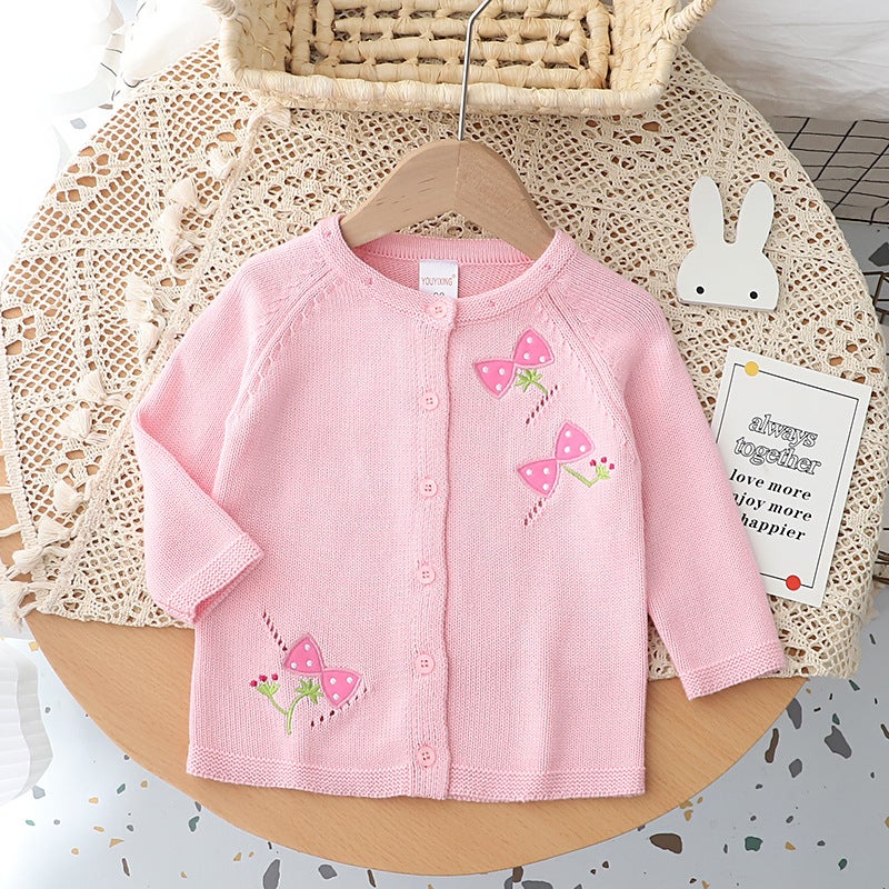 Children'S Pure Cotton Knitted Sweater Jacket Embroidered Bow Female Treasure Cute Top Jacket Thin Shawl Girls' Cardigan - Image 1