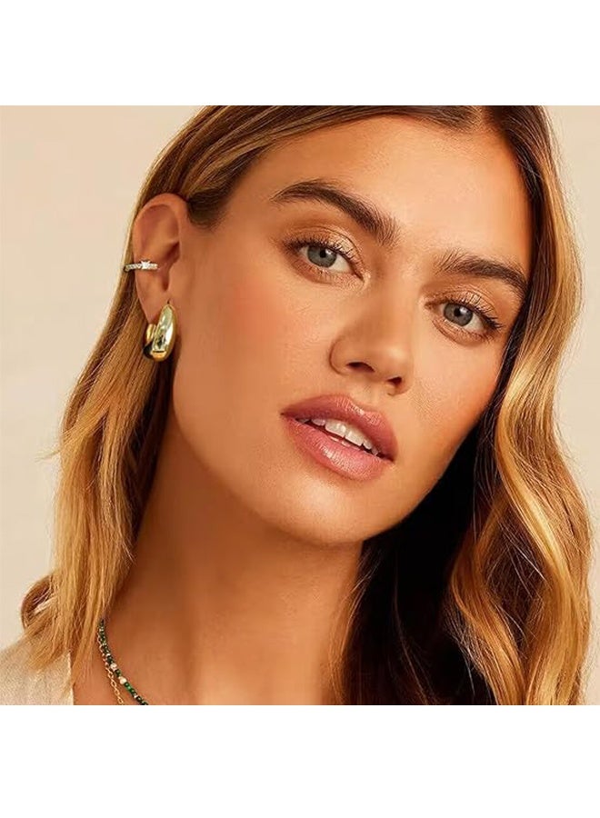 طقم أقراط ذهبية مكون من 3 أزواج للسيدات، مطلية بالذهب عيار 14 قيراطًا، أقراط سميكة مضادة للحساسية، مناسبة للثقب المتعدد، أقراط دائرية ذهبية للنساء - Image 3