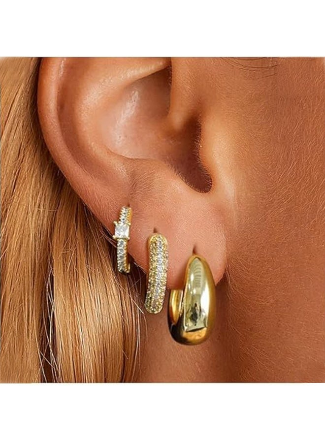 طقم أقراط ذهبية مكون من 3 أزواج للسيدات، مطلية بالذهب عيار 14 قيراطًا، أقراط سميكة مضادة للحساسية، مناسبة للثقب المتعدد، أقراط دائرية ذهبية للنساء - Image 1